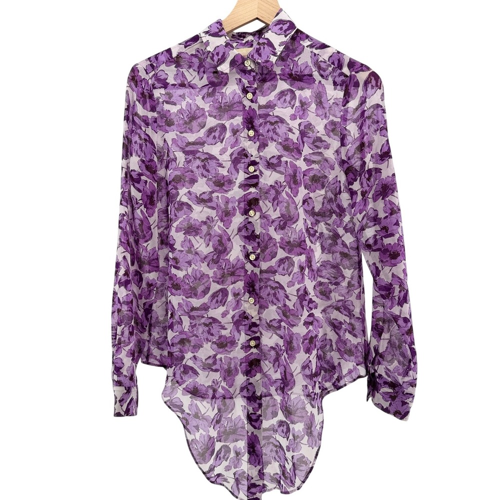Banana Republic Purple Boho Poppy Floral Chiffon Blouse Sheer Top Tie Bow Size 6 - Picture 2 of 9